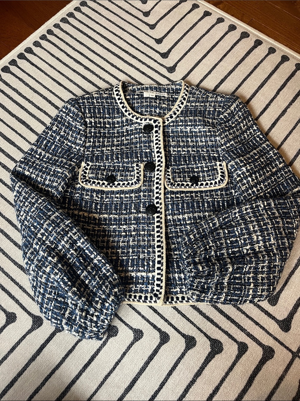 Veronica Beard Navy and Ivory Tweed Cropped Blazer